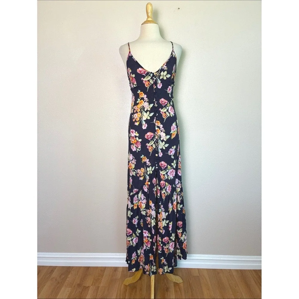 FLINN SKYE Small Black Floral Spaghetti Strap Hi Low Dress Y2K Button‎ Front USA
